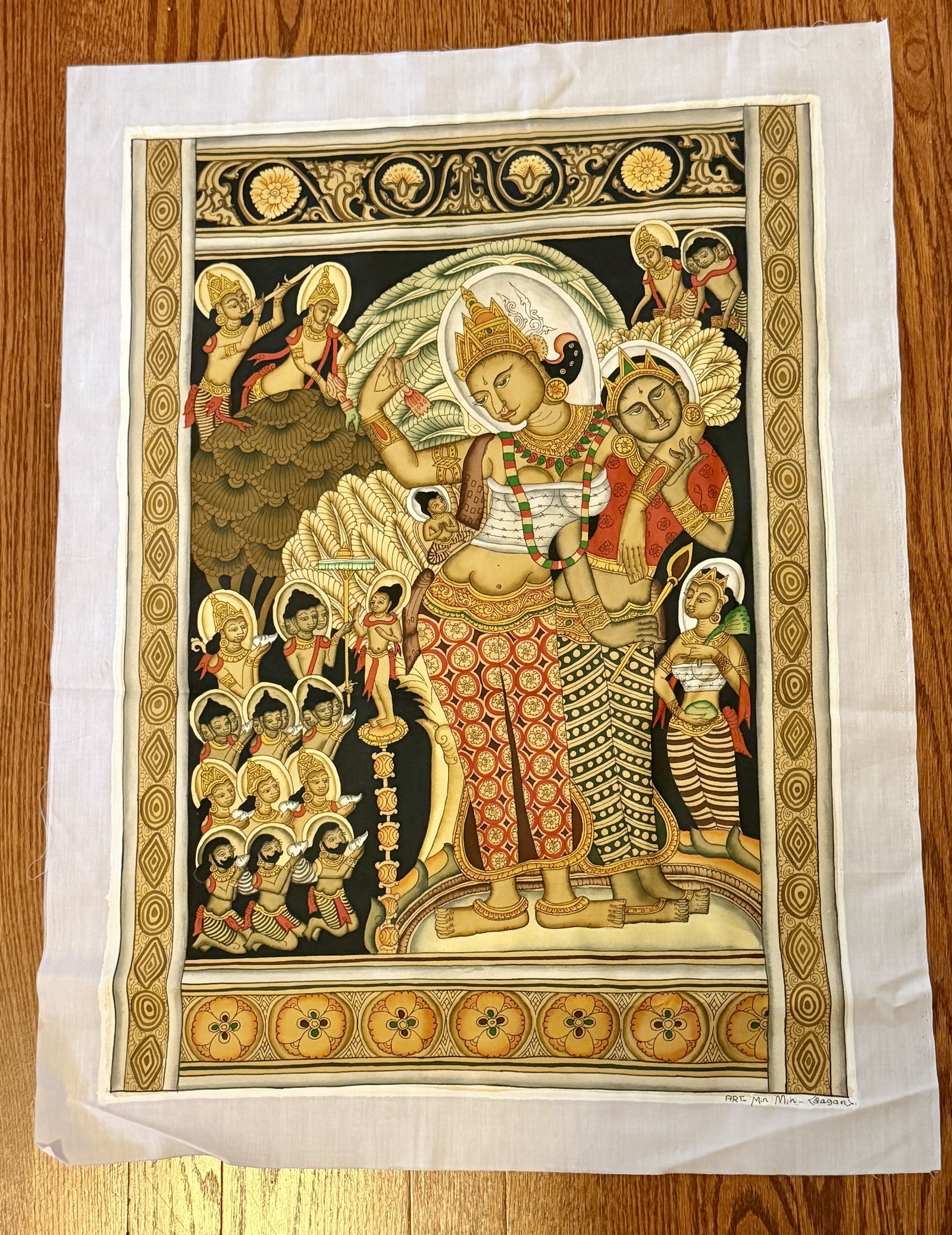 Peinture birmane signee Min Min de Bagan, la Naissance du Bouddha, la reine Maya a l'arbre