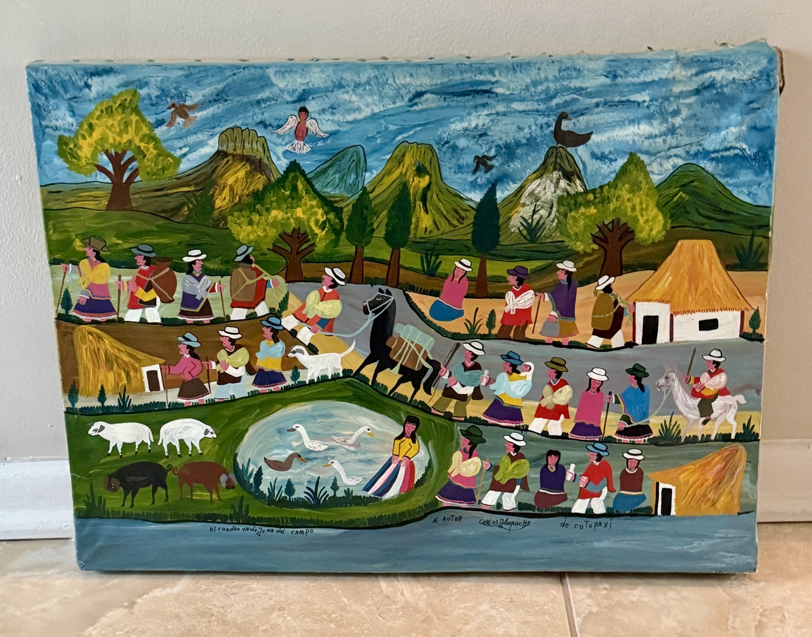 Peinture naïve de Tigua, village andin sous un volcan enneigé