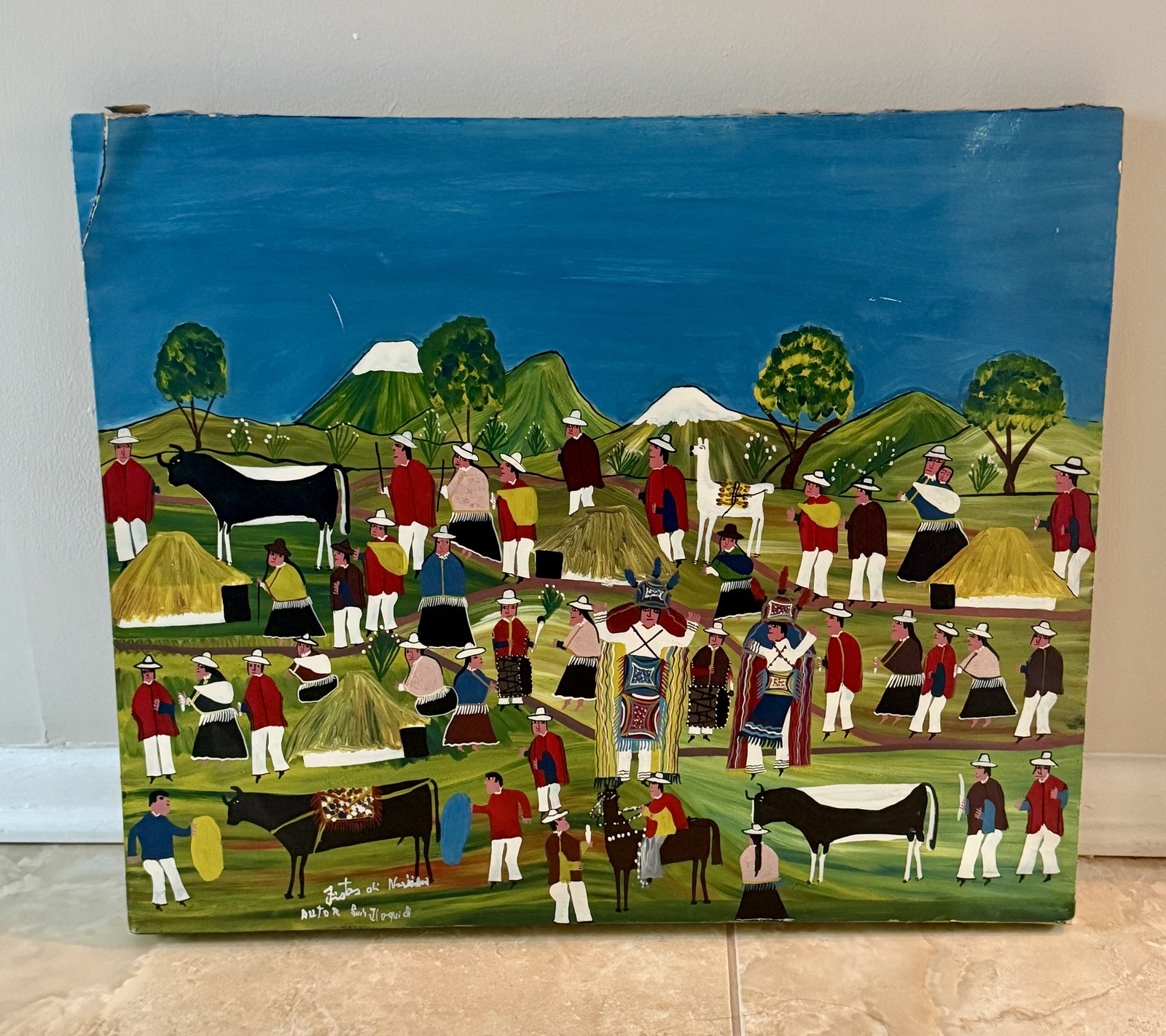 Peinture naïve andine, scène de marché au pied des volcans