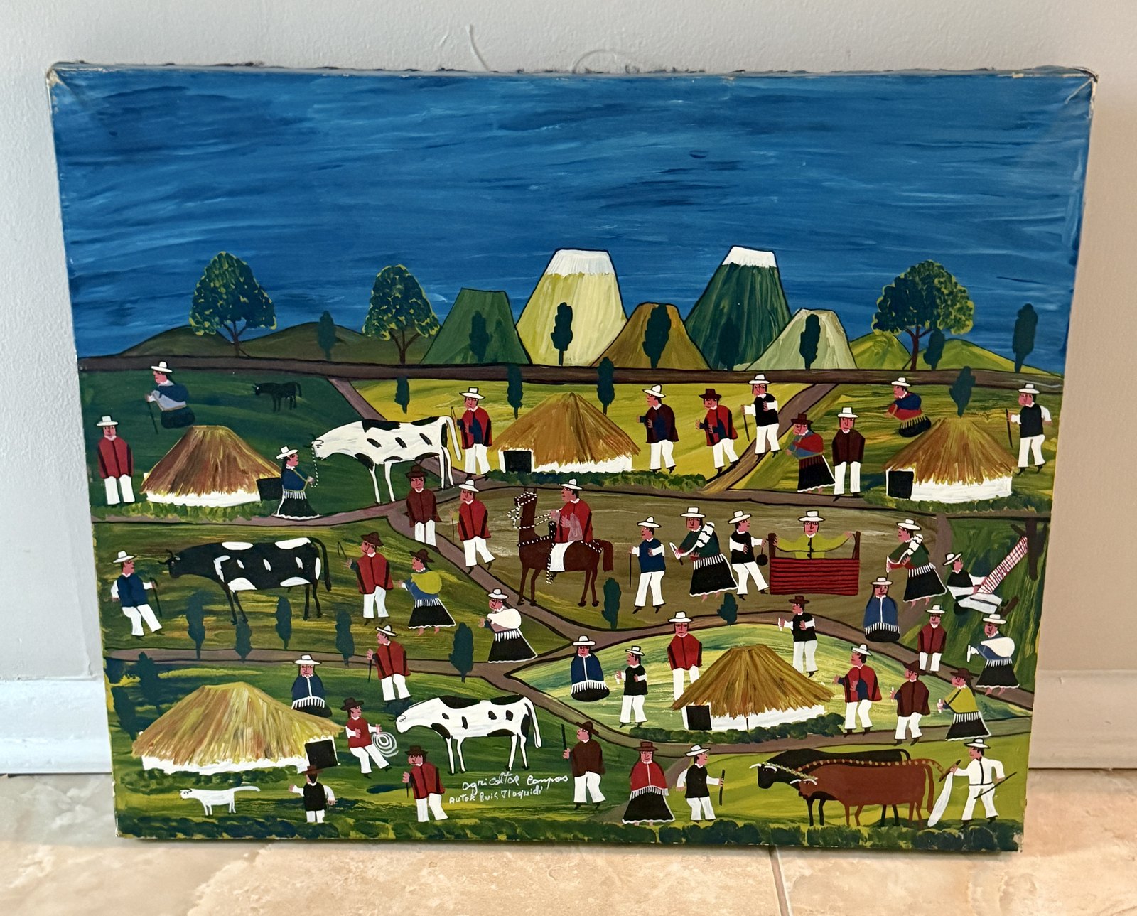 Peinture naïve andine, travaux des champs et meules de foin